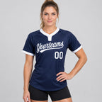 Custom Navy Two Button Softball Jersey with White Lettering Design 0133 worn by female model
