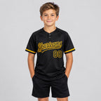 Custom Black Two Button Softball Jersey with Black and Gold Lettering Design 0324 youth size worn by child model