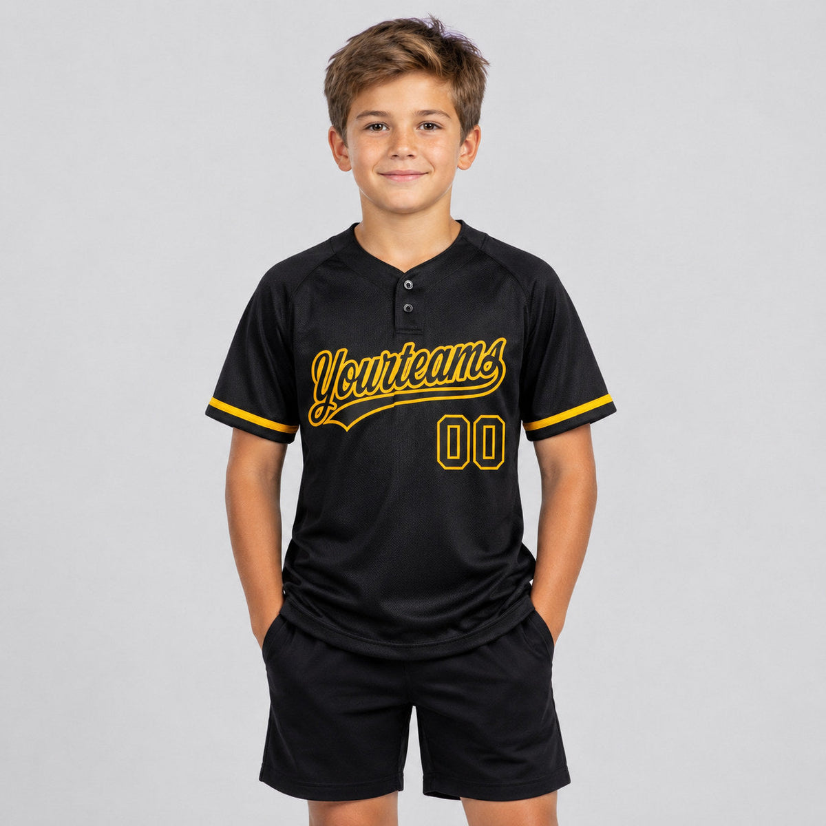 Custom Black Two Button Softball Jersey with Black and Gold Lettering Design 0324 youth size worn by child model