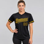 Custom Black Two Button Softball Jersey with Black and Gold Lettering Design 0324 worn by female model