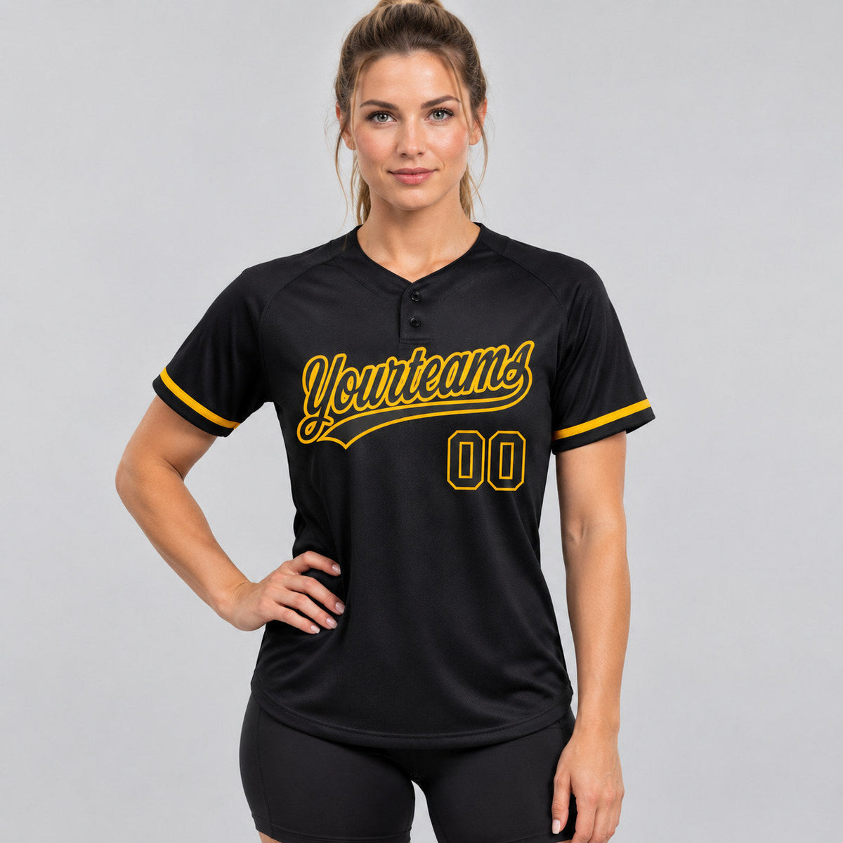 Custom Black Two Button Softball Jersey with Black and Gold Lettering Design 0324 worn by female model