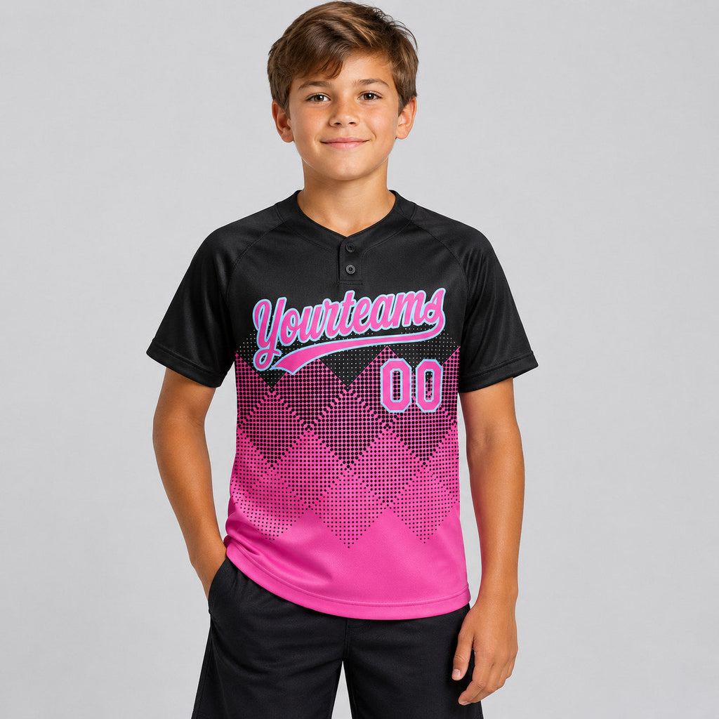 Custom Black Gradient Square Shapes Two Button Softball Jersey with Pink and Light Blue Lettering Design 0003 youth size worn by child model