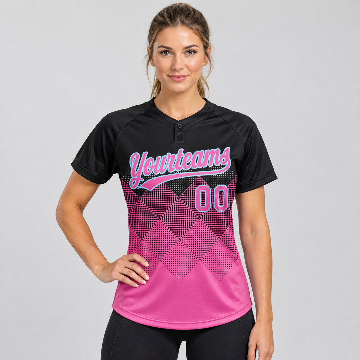 Custom Black Gradient Square Shapes Two Button Softball Jersey with Pink and Light Blue Lettering Design 0003 worn by female model