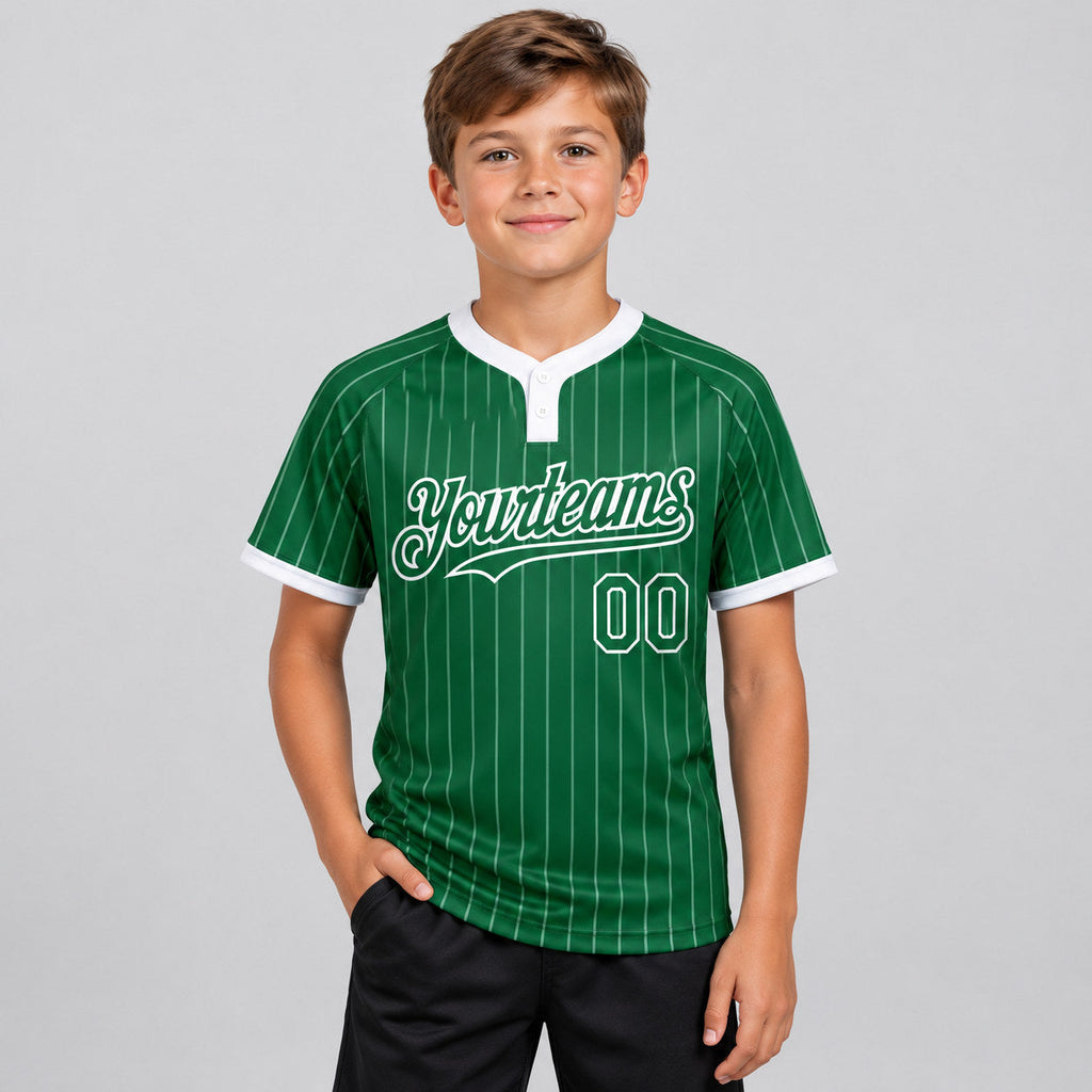 Custom Kelly Green Two Button Pinstripe Softball Jersey with White Lettering youth size worn by child model