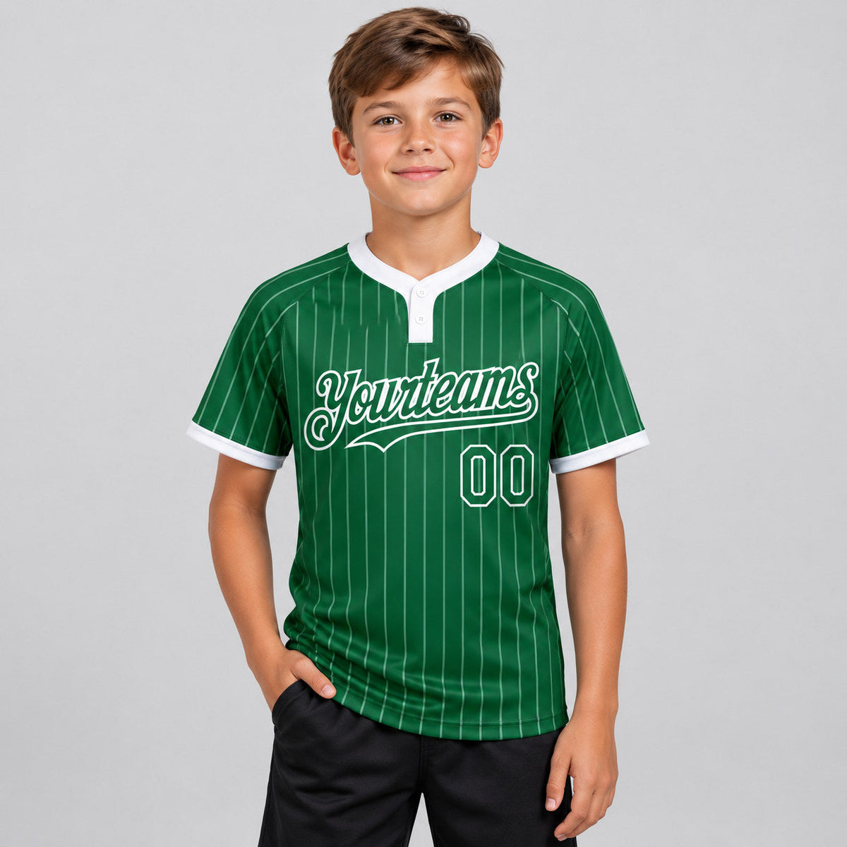 Custom Kelly Green Two Button Pinstripe Softball Jersey with White Lettering youth size worn by child model