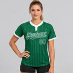 Custom Kelly Green Two Button Pinstripe Softball Jersey with White Lettering worn by female model