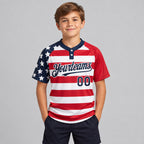 Custom White American Flag Two Button Softball Jersey with Navy and Red Lettering Design 0664 youth size worn by child model
