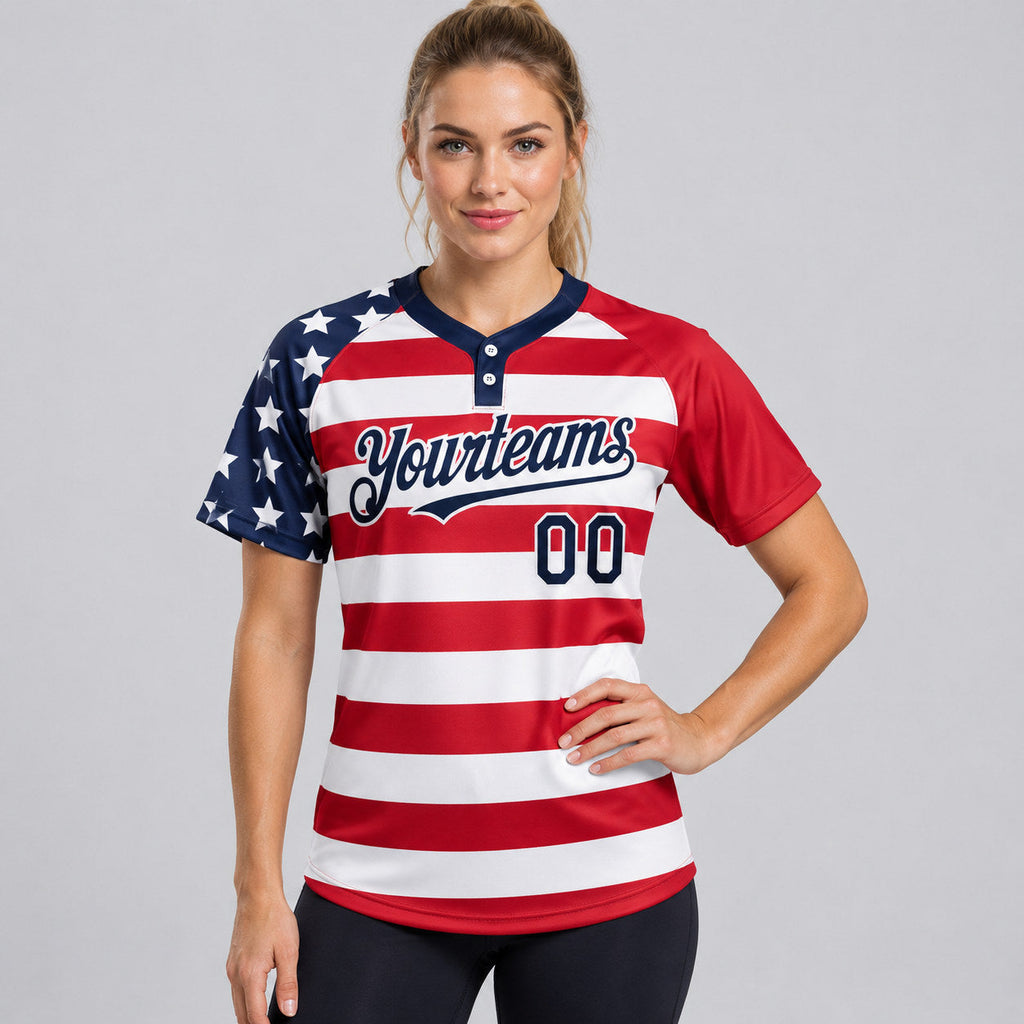 Custom White American Flag Two Button Softball Jersey with Navy and Red Lettering Design 0664 worn by female model