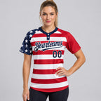 Custom White American Flag Two Button Softball Jersey with Navy and Red Lettering Design 0664 worn by female model