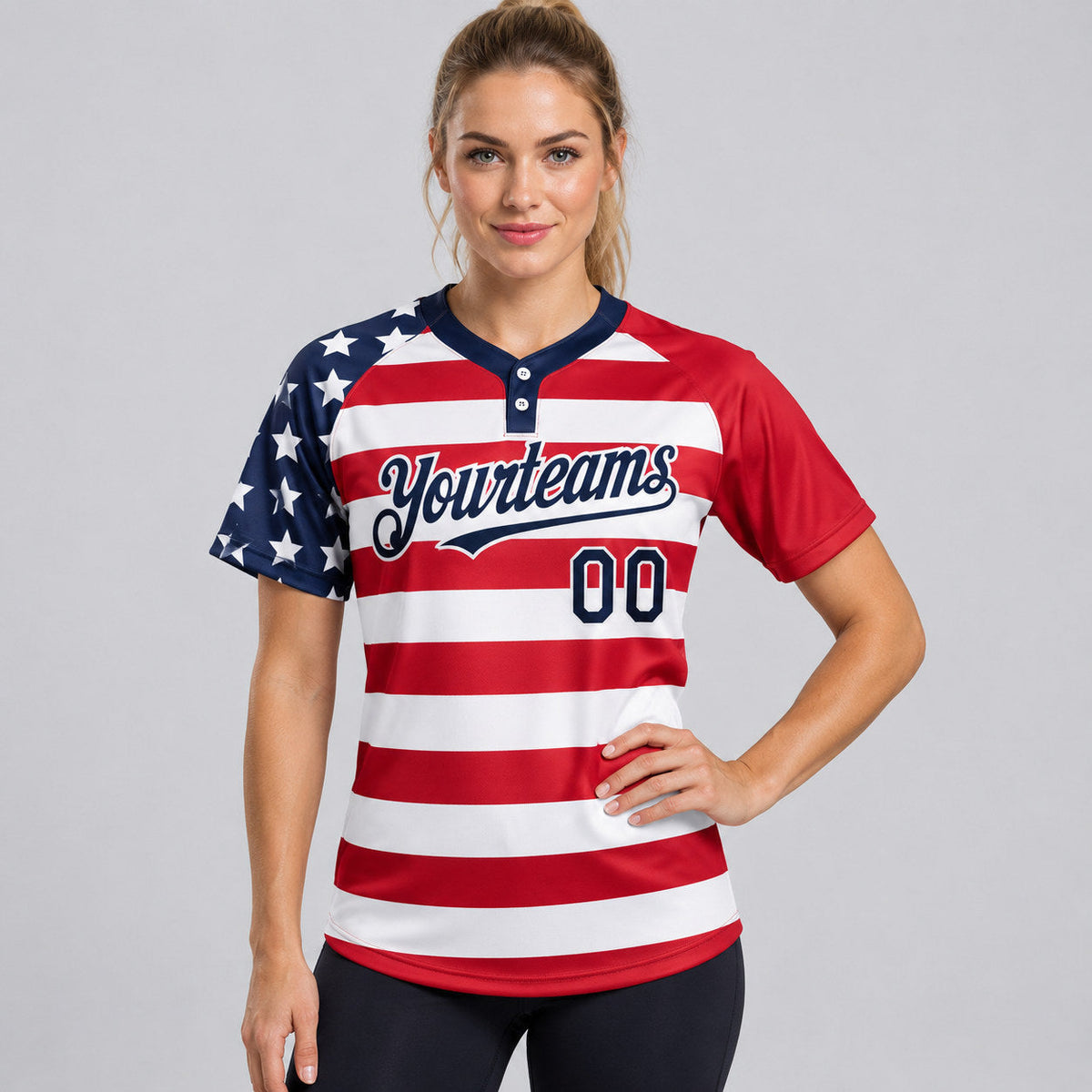 Custom White American Flag Two Button Softball Jersey with Navy and Red Lettering Design 0664 worn by female model