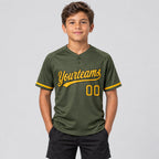 Custom Olive Salute To Service Two Button Softball Jersey with Gold and Black Lettering youth size worn by child model