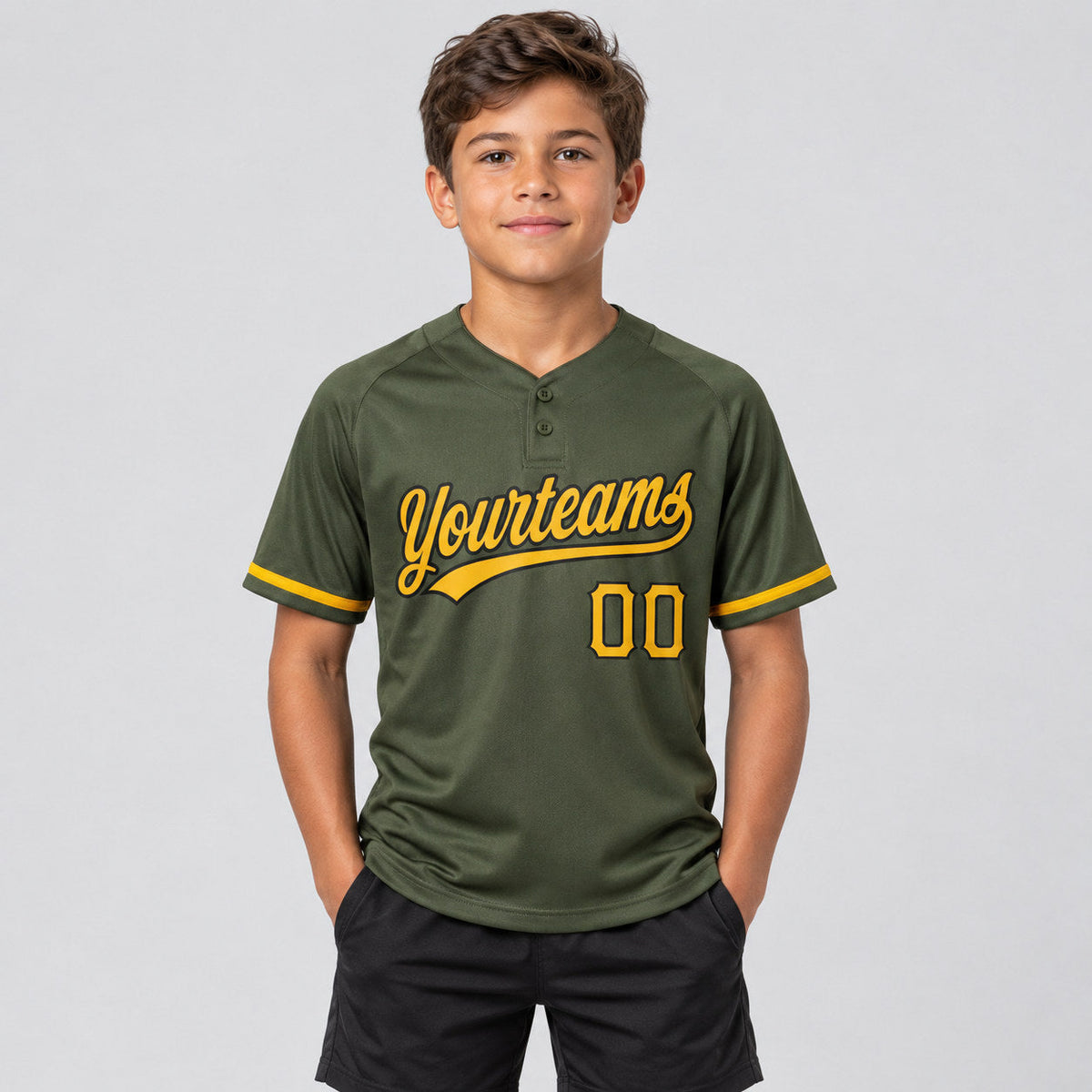 Custom Olive Salute To Service Two Button Softball Jersey with Gold and Black Lettering youth size worn by child model