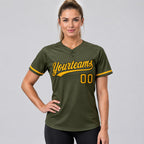 Custom Olive Salute To Service Two Button Softball Jersey with Gold and Black Lettering worn by female model