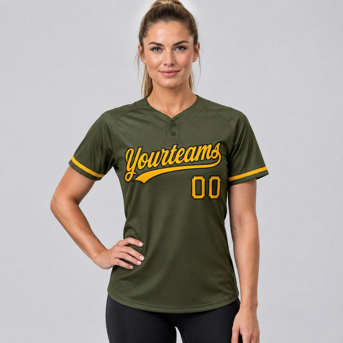 Custom Olive Salute To Service Two Button Softball Jersey with Gold and Black Lettering worn by female model