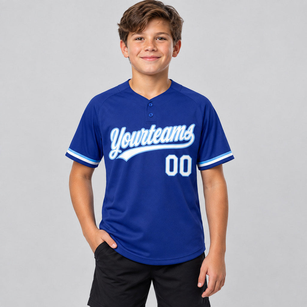 Custom Royal Two Button Softball Jersey with White and Light Blue Lettering Design 0471 youth size worn by child model