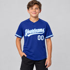 Custom Royal Two Button Softball Jersey with White and Light Blue Lettering Design 0471 youth size worn by child model
