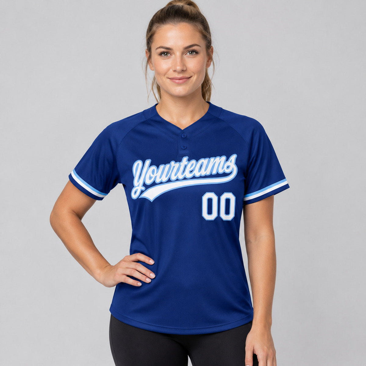Custom Royal Two Button Softball Jersey with White and Light Blue Lettering Design 0471 worn by female model