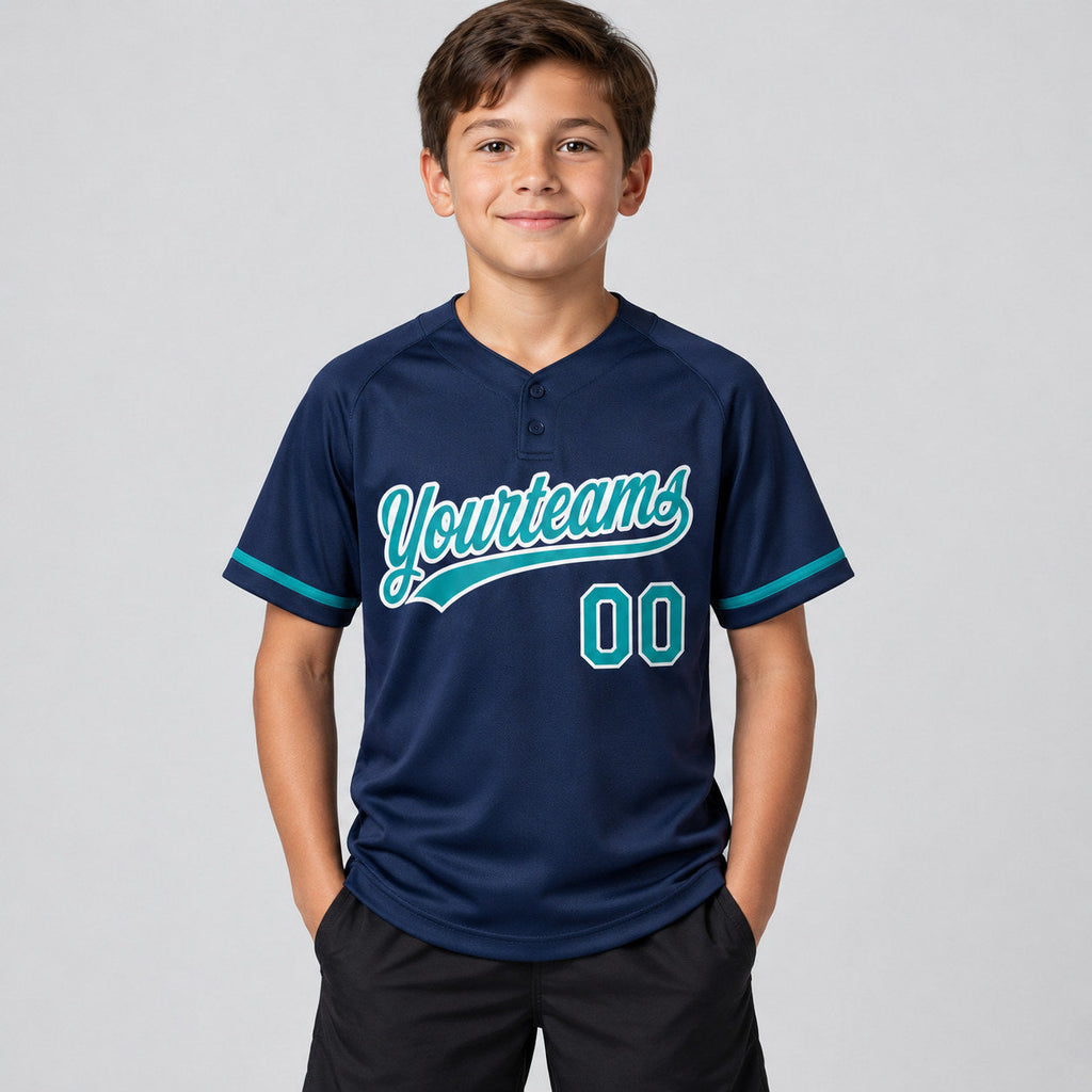 Custom Navy Two Button Softball Jersey with Teal and White Lettering Design 0399 youth size worn by child model
