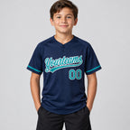 Custom Navy Two Button Softball Jersey with Teal and White Lettering Design 0399 youth size worn by child model