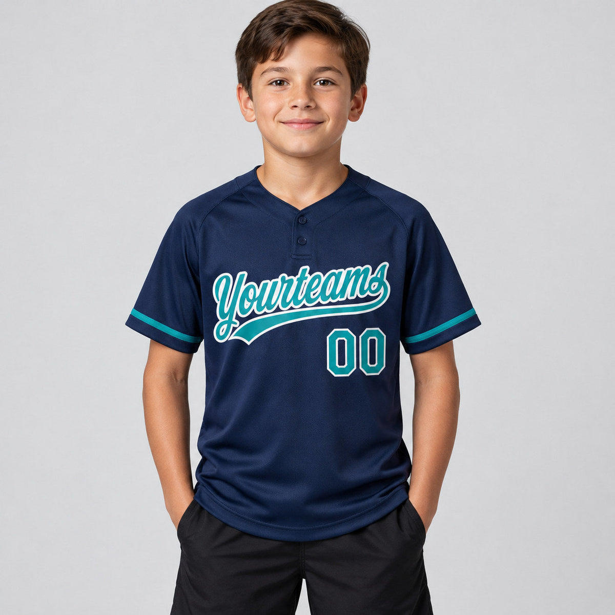 Custom Navy Two Button Softball Jersey with Teal and White Lettering Design 0399 youth size worn by child model