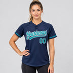 Custom Navy Two Button Softball Jersey with Teal and White Lettering Design 0399 worn by female model