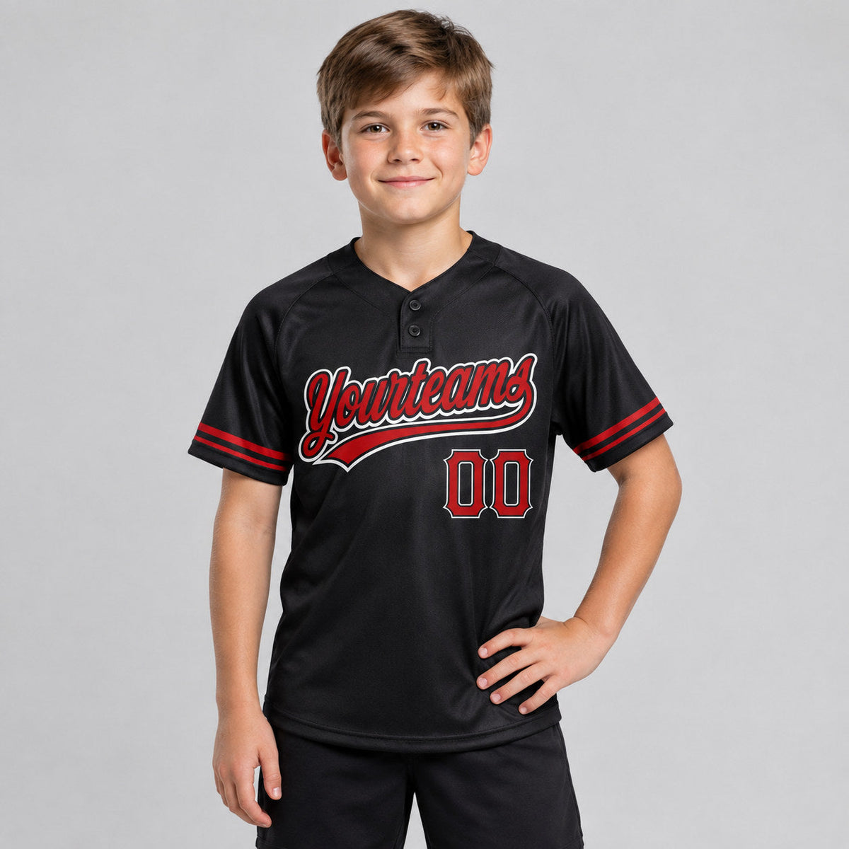 Custom Black Two Button Softball Jersey with Red and White Lettering Design 0343 youth size worn by child model