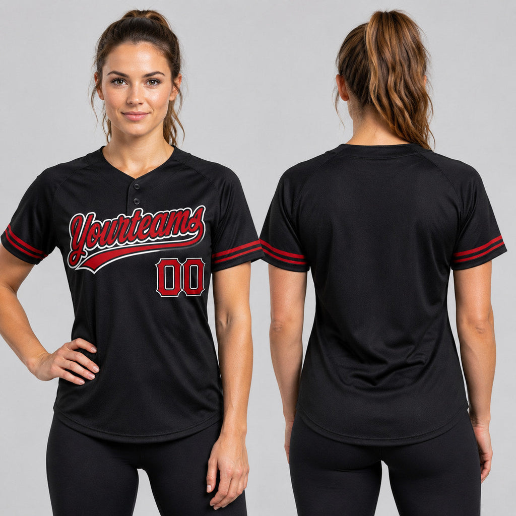 Custom Black Two Button Softball Jersey with Red and White Lettering Design 0343 worn by female model