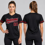 Custom Black Two Button Softball Jersey with Red and White Lettering Design 0343 worn by female model