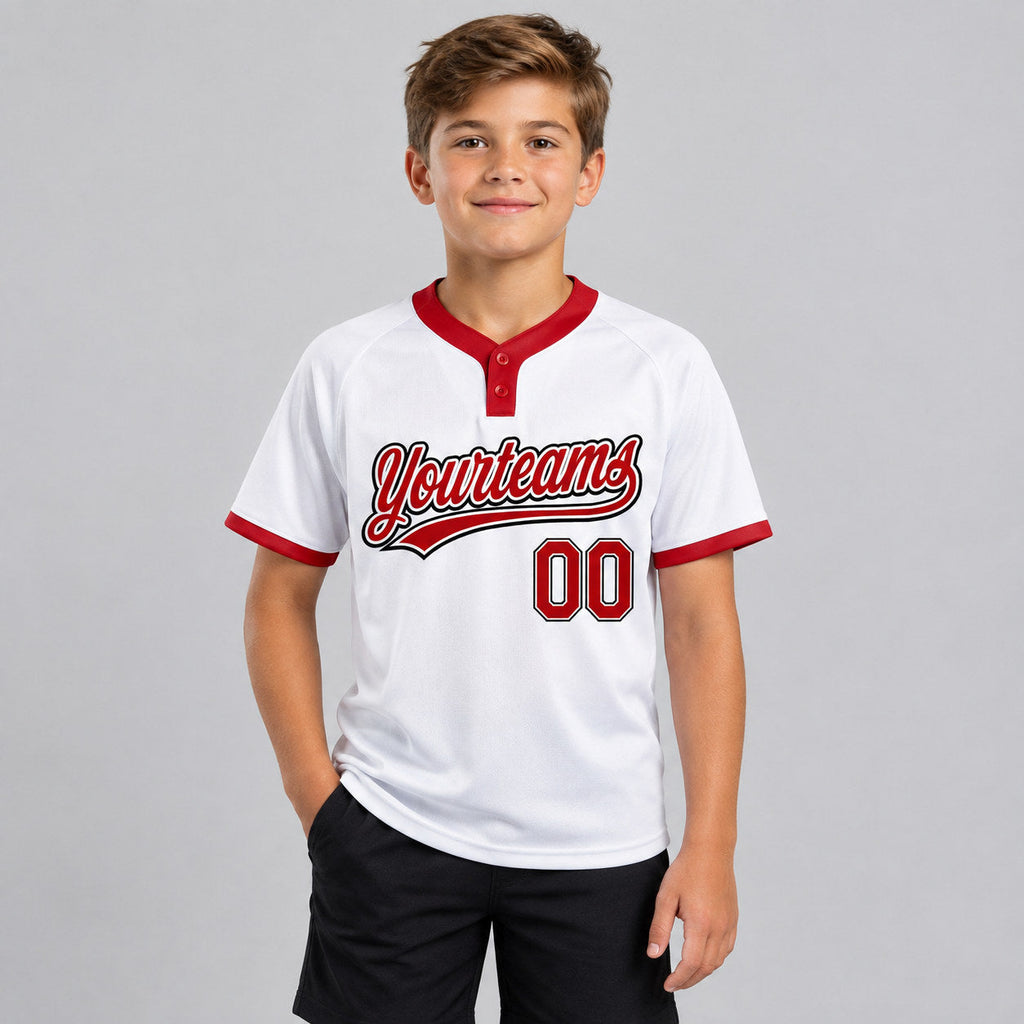 Custom White Two Button Softball Jersey with Red and Black Lettering Design 0223 youth size worn by child model