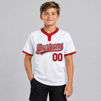 Custom White Two Button Softball Jersey with Red and Black Lettering Design 0223 youth size worn by child model