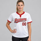 Custom White Two Button Softball Jersey with Red and Black Lettering Design 0223 worn by female model