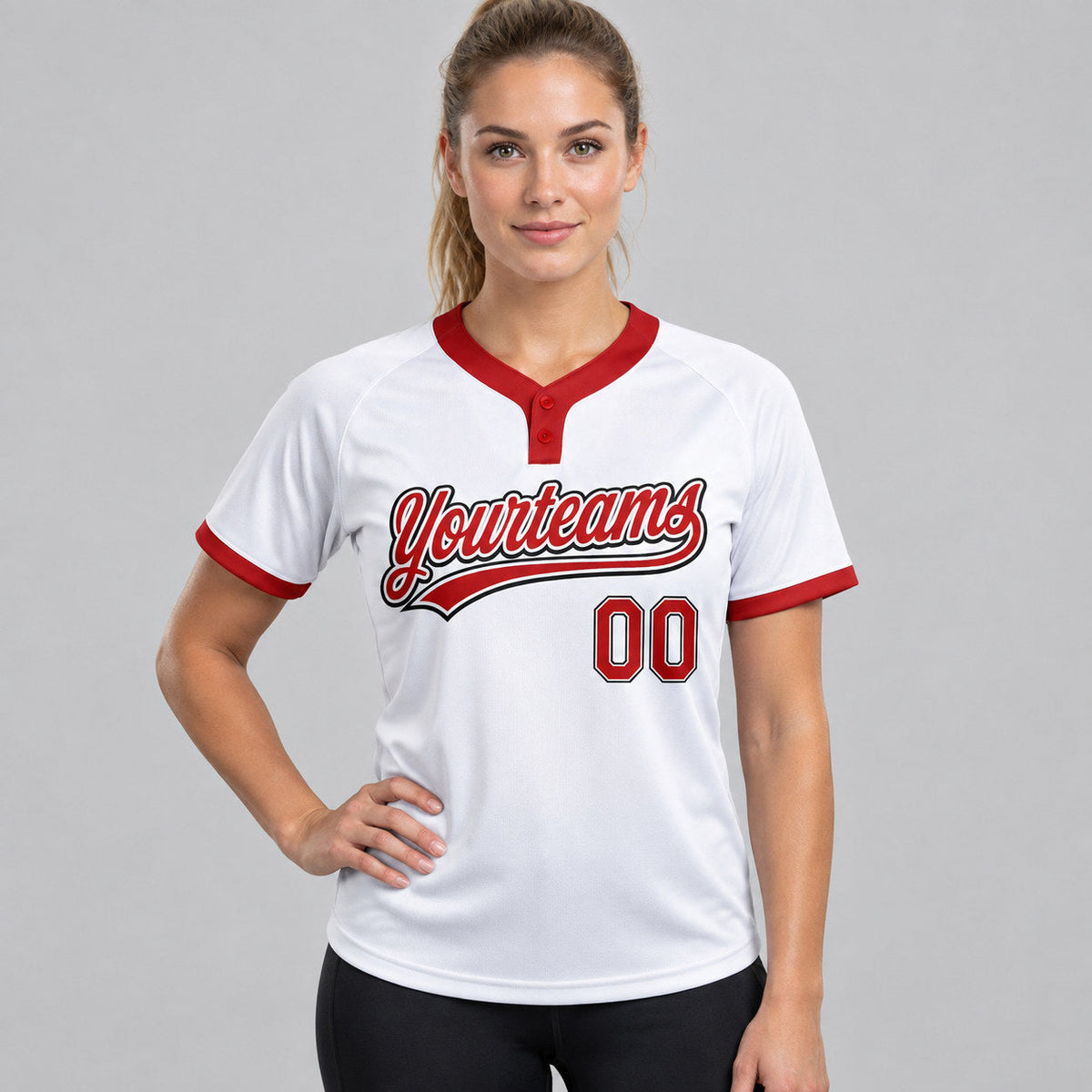 Custom White Two Button Softball Jersey with Red and Black Lettering Design 0223 worn by female model