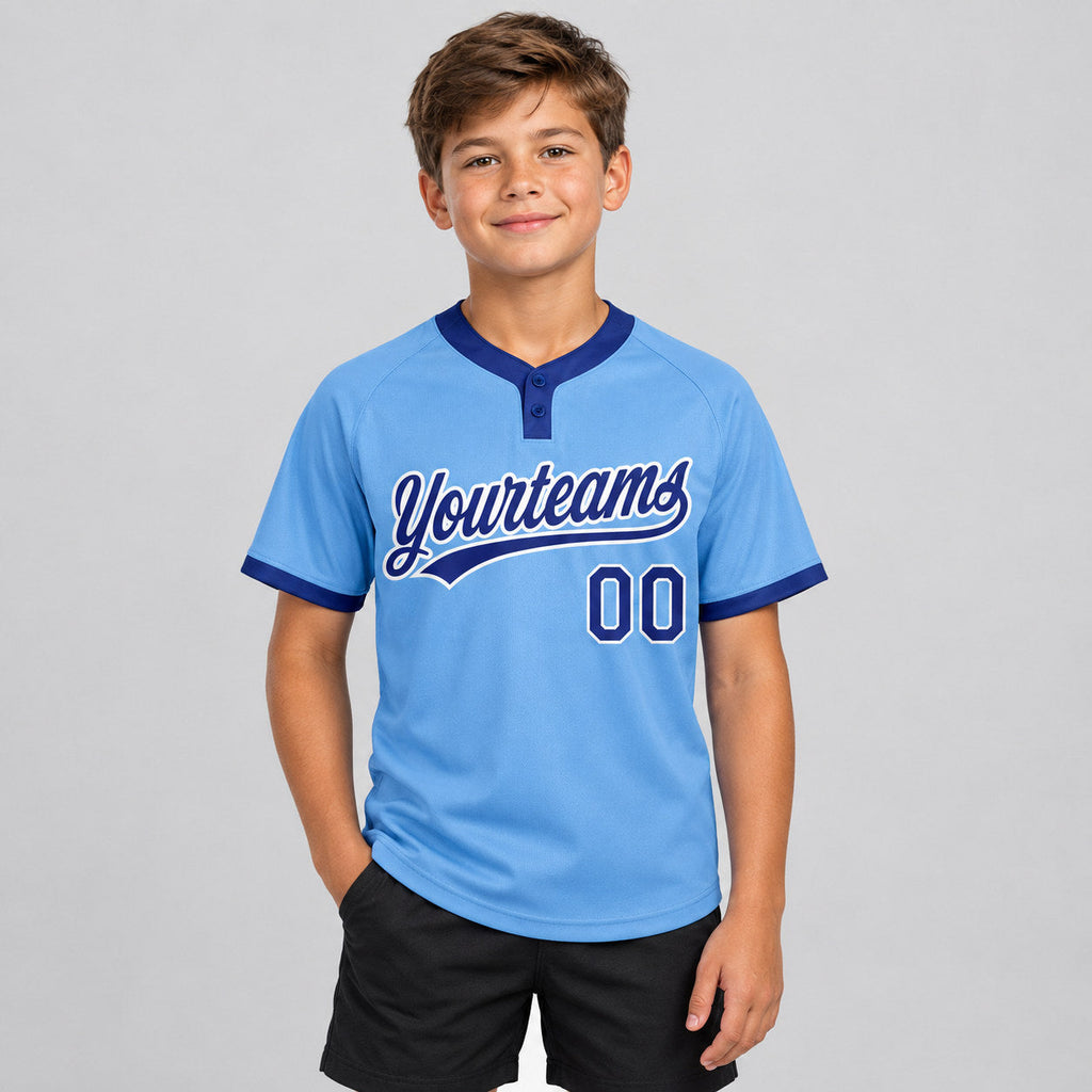 Custom Light Blue Two Button Softball Jersey with Royal and White Lettering youth size worn by child model