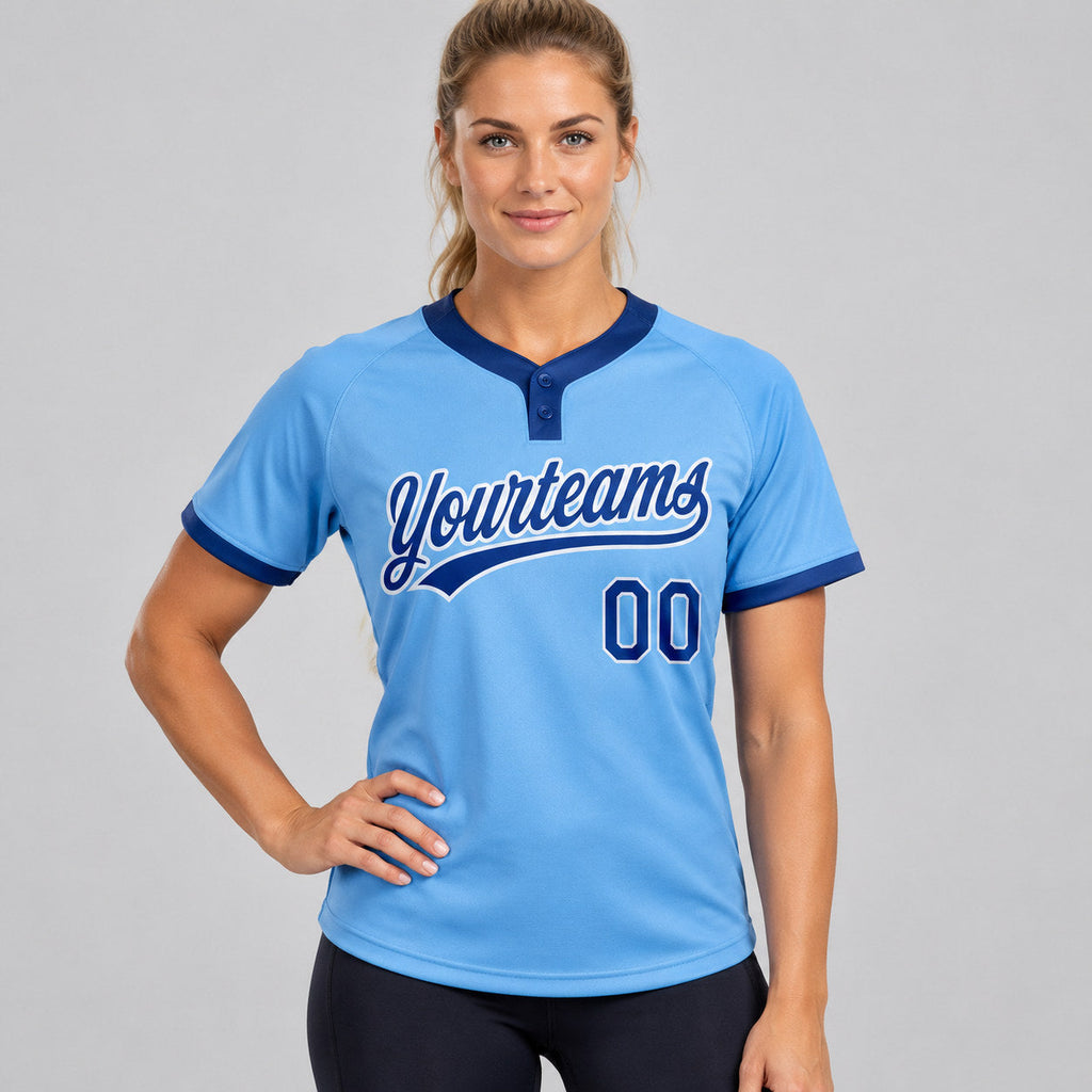 Custom Light Blue Two Button Softball Jersey with Royal and White Lettering worn by female model