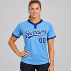 Custom Light Blue Two Button Softball Jersey with Royal and White Lettering worn by female model