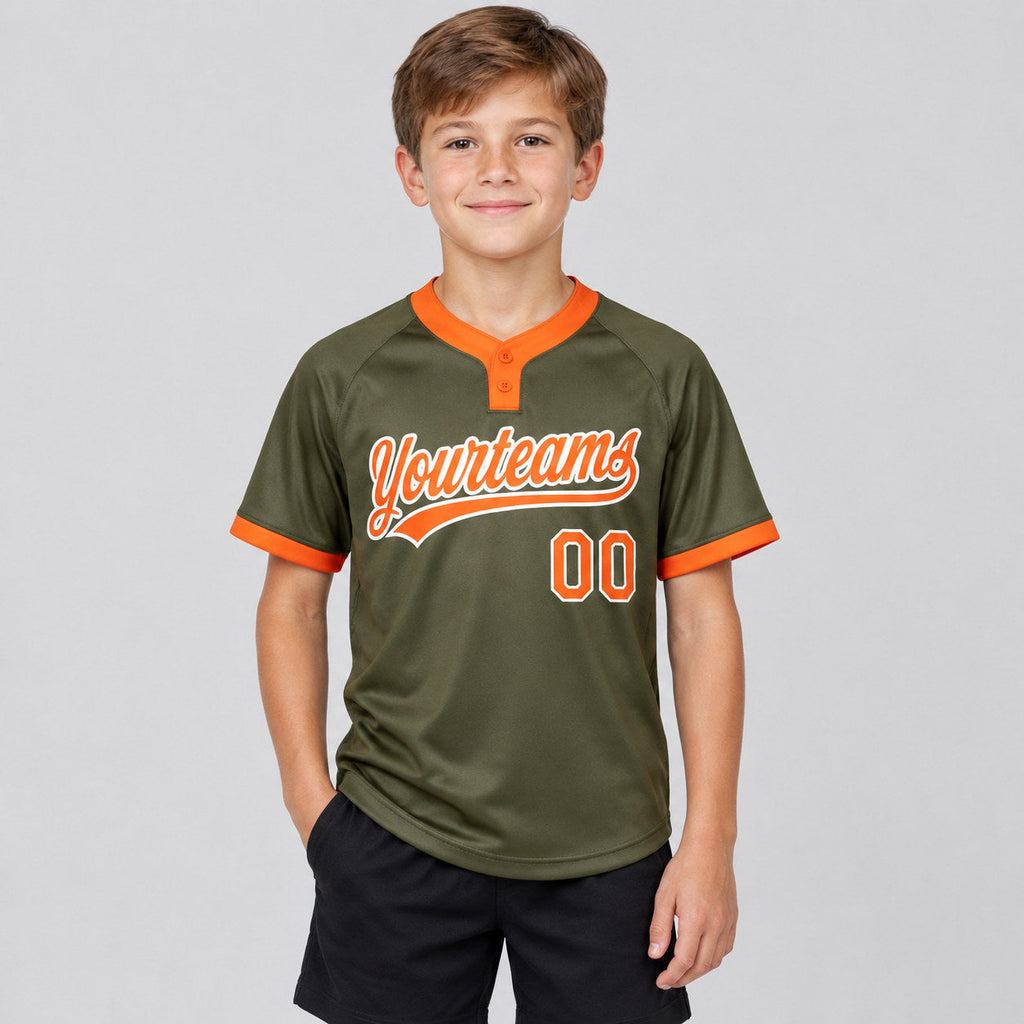 Custom Olive Salute To Service Two Button Softball Jersey with Orange and White Lettering youth size worn by child model