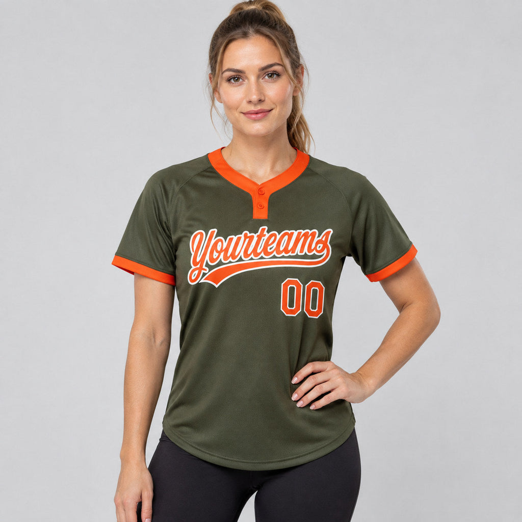 Custom Olive Salute To Service Two Button Softball Jersey with Orange and White Lettering worn by female model