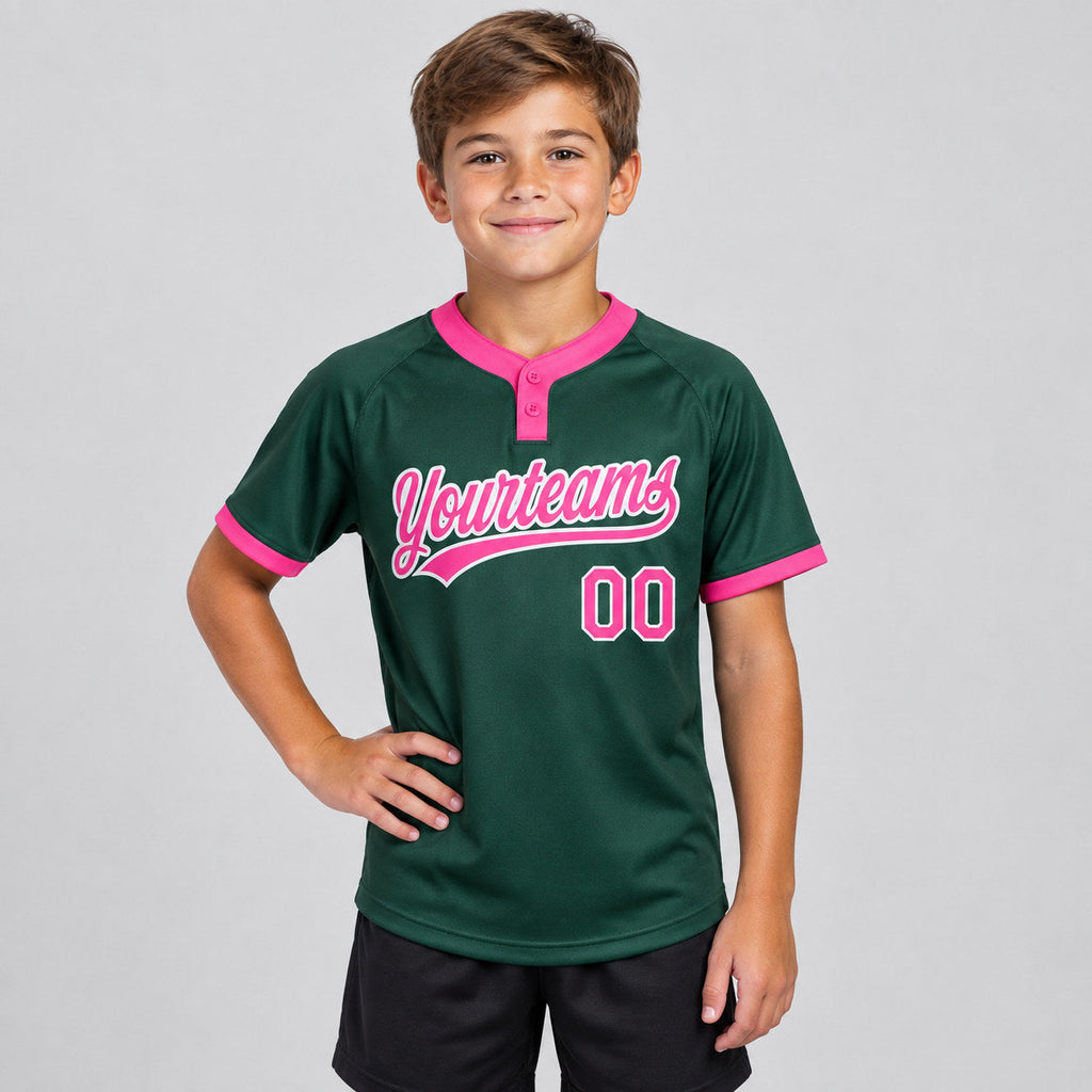 Custom Green Two Button Softball Jersey with Pink and White Lettering Design 0052 youth size worn by child model