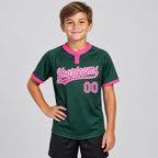 Custom Green Two Button Softball Jersey with Pink and White Lettering Design 0052 youth size worn by child model