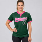 Custom Green Two Button Softball Jersey with Pink and White Lettering Design 0052 worn by female model