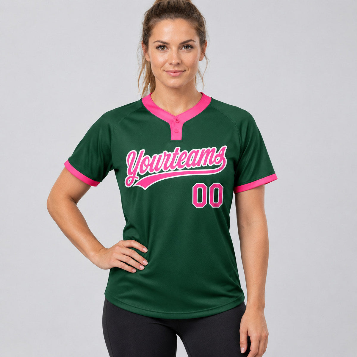 Custom Green Two Button Softball Jersey with Pink and White Lettering Design 0052 worn by female model