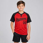 Custom Red Two Button Softball Jersey with Black Lettering youth size worn by child model