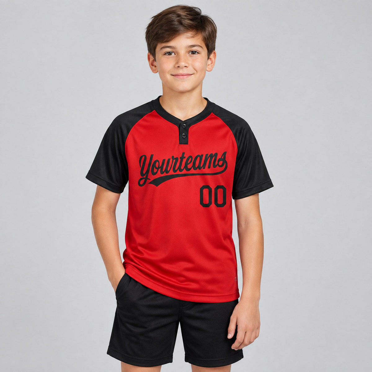 Custom Red Two Button Softball Jersey with Black Lettering youth size worn by child model