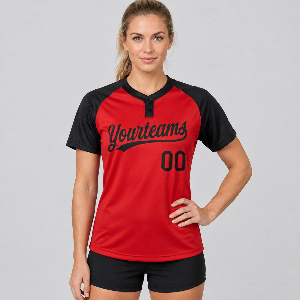 Custom Red Two Button Softball Jersey with Black Lettering worn by female model