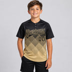 Custom Black Gradient Square Shape Two Button Softball Jersey with Vegas Gold Lettering youth size worn by child model