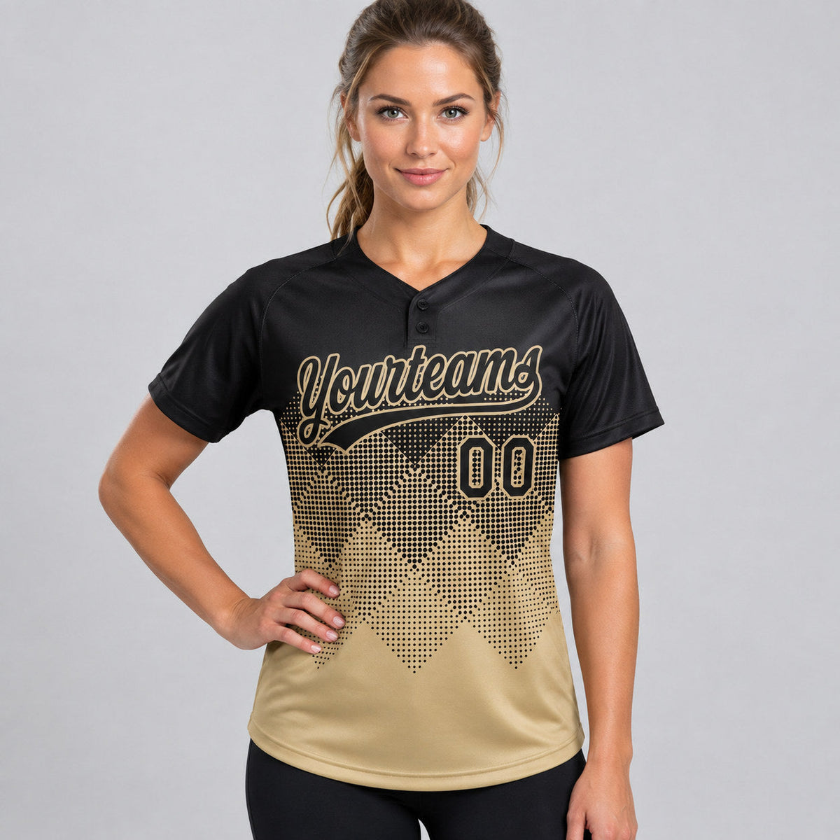 Custom Black Gradient Square Shape Two Button Softball Jersey with Vegas Gold Lettering worn by female model