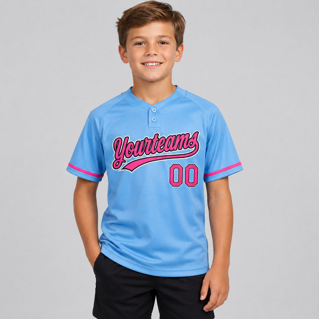 Custom Light Blue Two Button Softball Jersey with Pink and Black Lettering youth size worn by child model