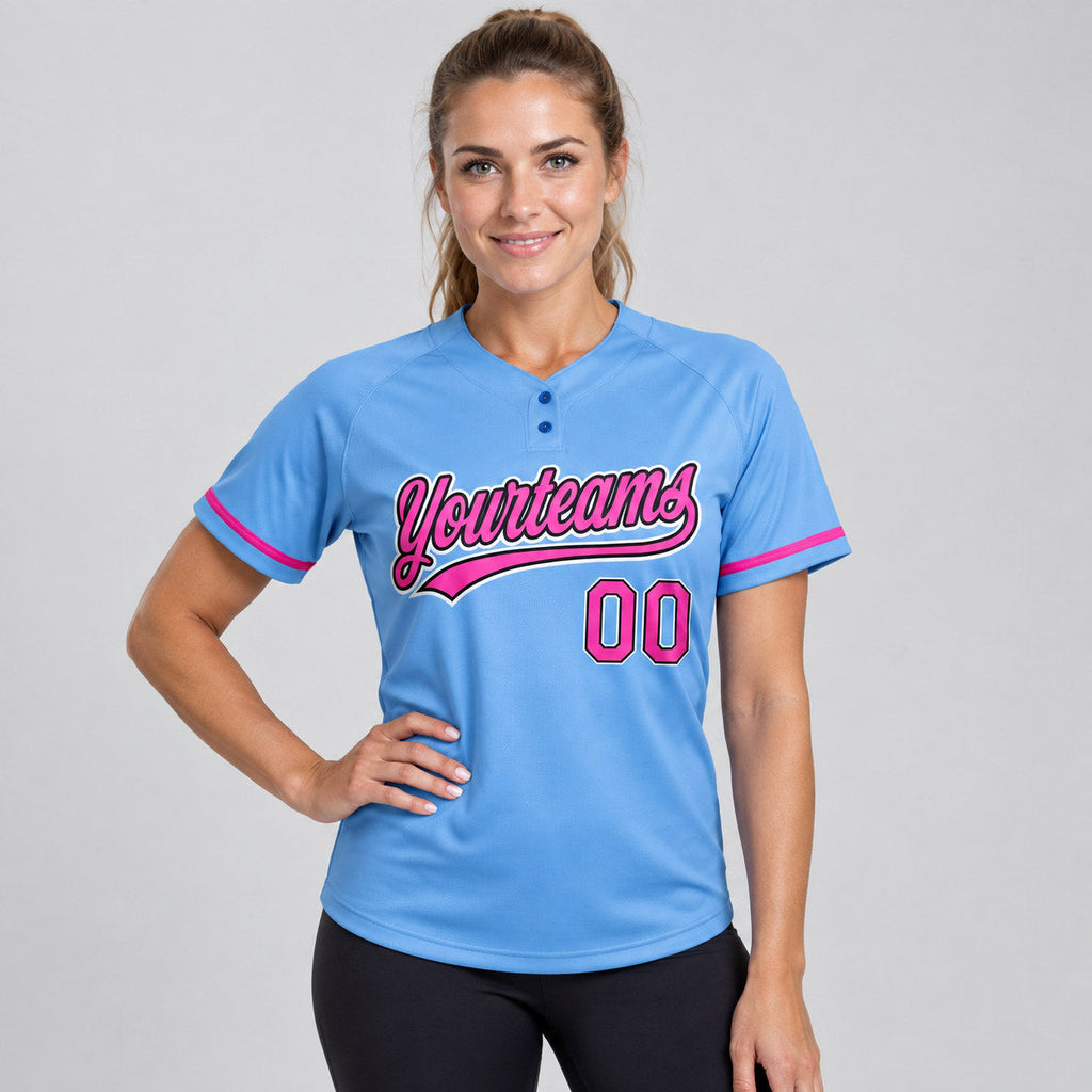 Custom Light Blue Two Button Softball Jersey with Pink and Black Lettering worn by female model