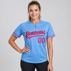 Custom Light Blue Two Button Softball Jersey with Pink and Black Lettering worn by female model