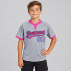 Custom Gray and Light Blue Two Button Softball Jersey with Black and Pink Lettering Design 0218 youth size worn by child model
